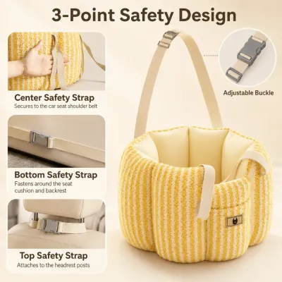 Yellow dog car seat carrier featuring center, bottom and headrest safety straps with an adjustable buckle.