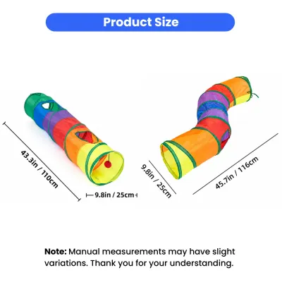 Size guide for rainbow foldable cat tunnels measuring 43.3 or 45.7 inches long and 9.8 inches in diameter.