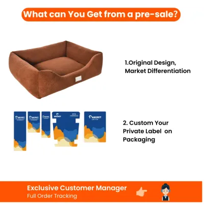 Custom Private Label Dog Bed Pre-Sale Service Brown dog bed with custom private label packaging and pre-sale order support information