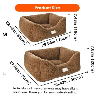 Brown Plush Dog Bed Size Guide for Medium and Large Dogs Size chart for brown plush dog beds showing medium and large dimensions in inches and centimeters.