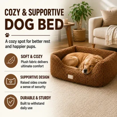 Cozy Supportive Brown Plush Dog Bed Features Brown plush dog bed with a sleeping golden retriever and features including soft fabric, raised sides and durable construction.