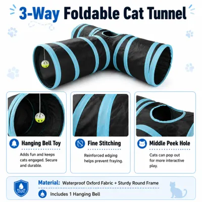 3-Way Foldable Cat Tunnel Features Black and blue 3-way foldable cat tunnel with hanging bell toy, reinforced stitching and middle peek hole