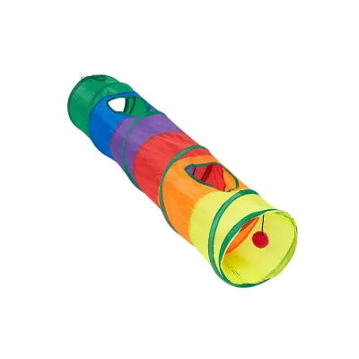 Colorful collapsible cat tunnel shown from the front angle with a wide entrance, peek holes and pom-pom toy.