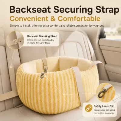 Yellow plush dog car seat secured on a vehicle backseat with an adjustable strap and built-in leash clip.
