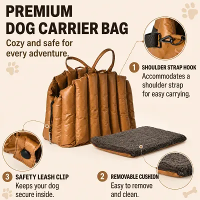 Dog Carrier Bag with Removable Cushion and Safety Clip Brown padded dog carrier bag with removable cushion, shoulder strap hook and built-in safety leash clip