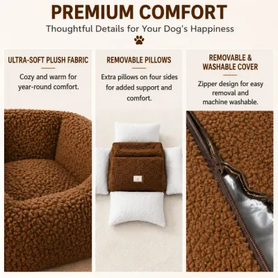 Brown Plush Dog Bed with Removable Washable Cover Brown plush dog bed featuring ultra-soft fabric, removable side pillows and a zippered washable cover.