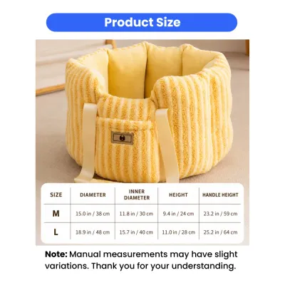 Size chart for the yellow dog car seat carrier showing medium and large dimensions in inches and centimeters.