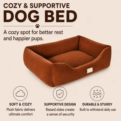 Cozy and Supportive Brown Corduroy Dog Bed Brown corduroy dog bed with raised supportive sides, soft cushion and durable rectangular design