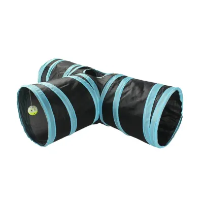 Foldable 3-Way Cat Tunnel with Hanging Toy Black cat play tunnel with blue trim, three tunnel openings and a hanging bell ball