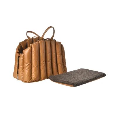 Lightweight Dog Carrier Bag Product View Lightweight brown dog carrier bag with gray removable cushion shown separately on a clean white background