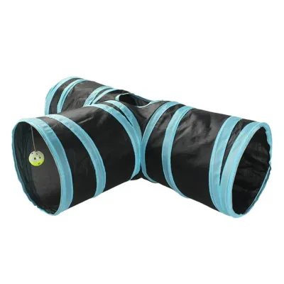 Blue 3-Way Foldable Cat Play Tunnel Blue and black 3-way foldable cat tunnel with three openings, center peek hole and hanging ball toy