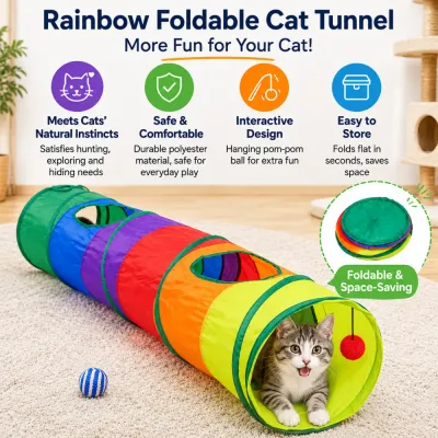 Rainbow foldable cat tunnel with peek holes, hanging pom-pom toy, collapsible design and kitten playing inside.