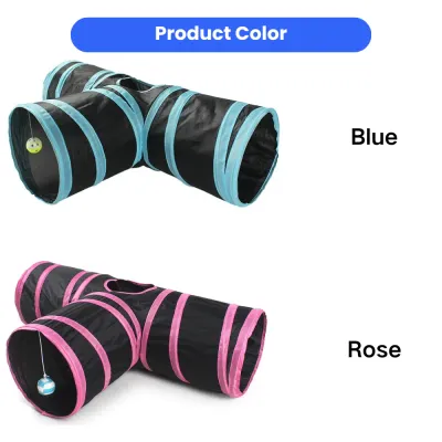 Blue and Rose Foldable Cat Tunnel Colors Blue and rose color options for the black 3-way foldable cat tunnel