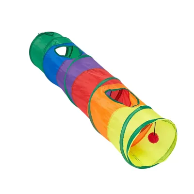 Straight rainbow foldable cat tunnel on a white background with multiple peek holes and a hanging pom-pom ball.