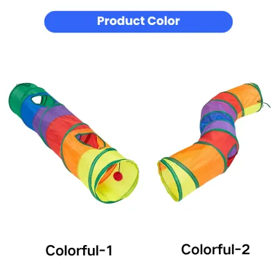 Two colorful rainbow cat tunnel options displayed in straight and curved designs on a white background.