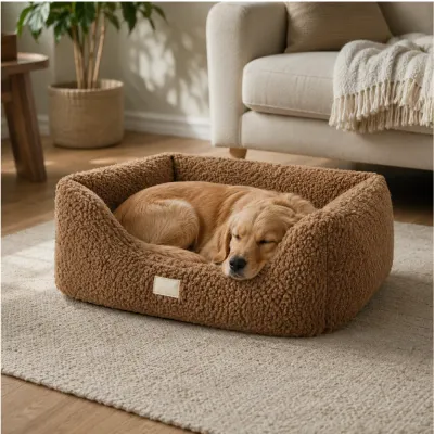 Cozy Brown Plush Dog Bed for Medium and Large Dogs Golden retriever sleeping comfortably in a brown plush bolster dog bed in a bright modern living room.