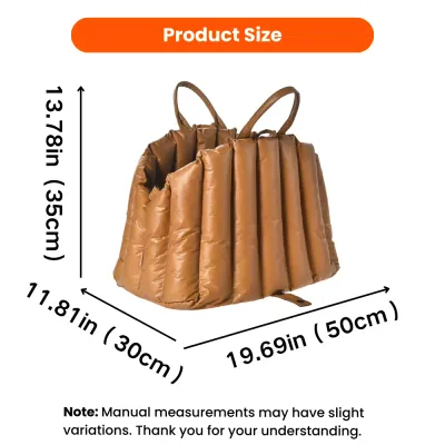 Dog Carrier Bag Size and Dimensions Brown dog carrier bag measuring 19.69 by 11.81 by 13.78 inches, shown with dimension arrows