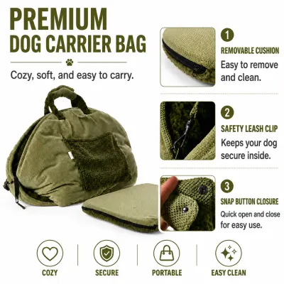 Premium Dog Carrier Bag with Removable Cushion Olive green dog carrier bag with removable cushion, safety leash clip, snap button closure and portable carry handles