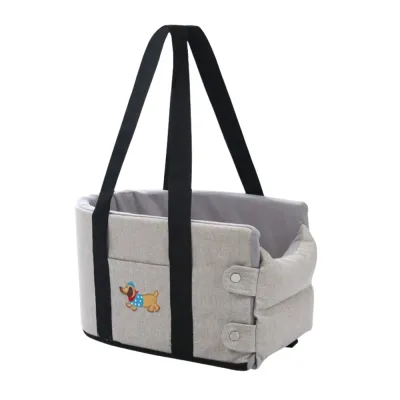 Khaki Portable Dog Car Seat Carrier Khaki padded dog car seat carrier with black carry handles, side snap closures and a decorative dog patch.