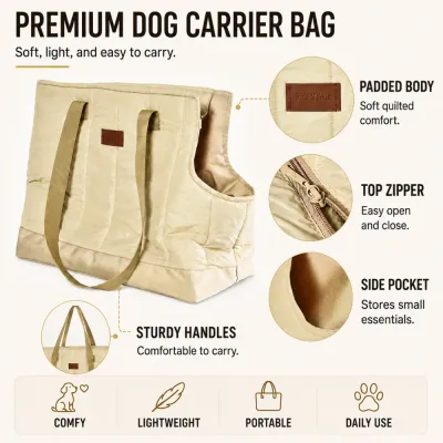 Premium Quilted Dog Carrier Bag with Side Pocket Beige padded dog carrier bag with top zipper, side pocket and sturdy carrying handles