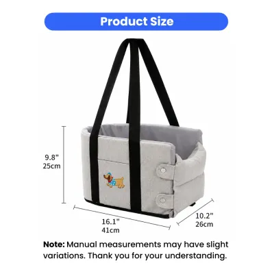 Dog Car Carrier Size and Dimensions Khaki dog car carrier measuring 16.1 inches long, 10.2 inches wide and 9.8 inches high.