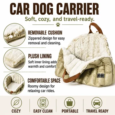 Portable Dog Car Carrier with Removable Cushion Portable dog car carrier featuring a removable cushion, plush interior and spacious seat