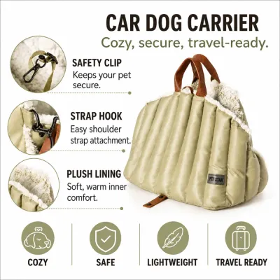 Dog Car Carrier with Safety Clip and Plush Lining Dog car carrier with safety clip, shoulder strap hooks and soft plush lining