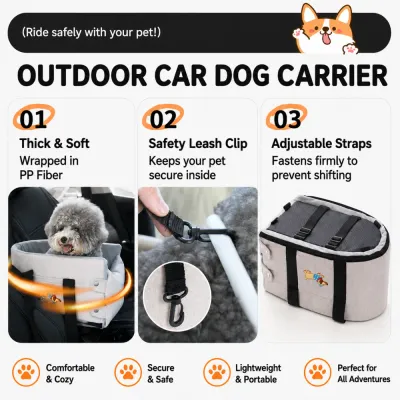 Outdoor Car Dog Carrier Safety Features Outdoor car dog carrier with thick PP fiber padding, an internal safety leash clip and adjustable seat straps.