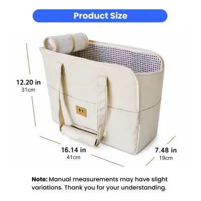 Beige crossbody pet carrier measuring 16.14 by 7.48 by 12.20 inches, or 41 by 19 by 31 centimeters.