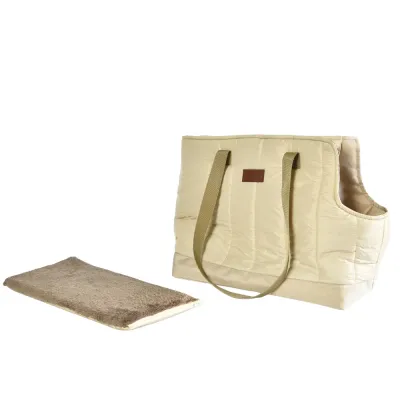 Beige Quilted Dog Carrier Bag with Removable Cushion Beige quilted dog carrier bag and removable plush cushion displayed on a white background