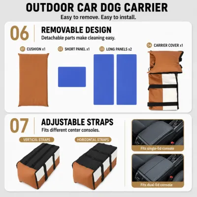 Detachable center console dog carrier with adjustable straps for single-lid and dual-lid consoles