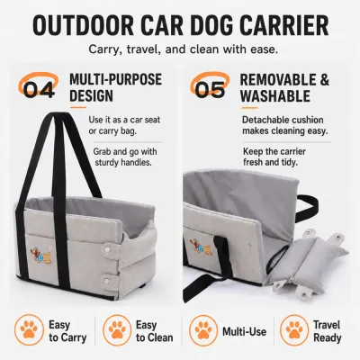 Washable Multi-Purpose Dog Car Carrier Multi-purpose dog car carrier with sturdy handles and a removable padded cushion for easier cleaning.