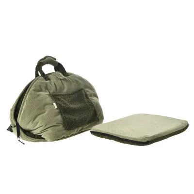 Soft Dog Travel Carrier and Removable Cushion Set Soft olive dog travel carrier with matching removable cushion and plush front pocket for small dogs