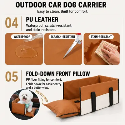 PU leather dog car seat with water-resistant surface and fold-down front pillow for easy entry