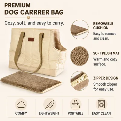 Dog Carrier Bag with Removable Plush Cushion Beige dog carrier bag with removable plush cushion and zippered design for easy cleaning