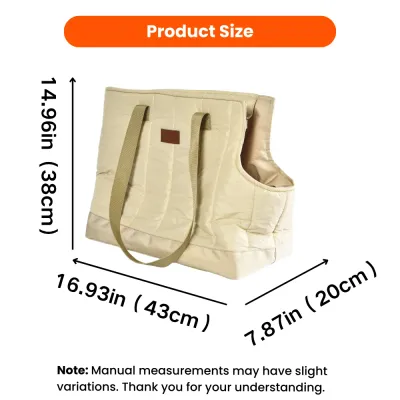 Quilted Dog Carrier Bag Size and Dimensions Beige quilted dog carrier bag measuring 16.93 by 7.87 by 14.96 inches