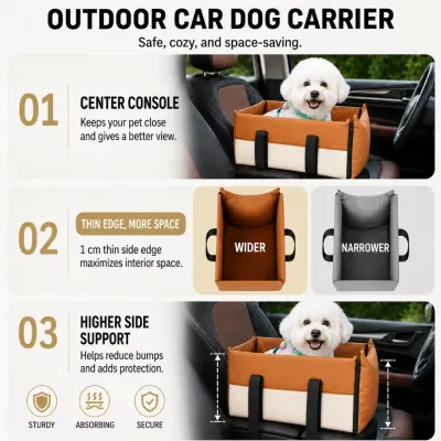Brown center console dog carrier with thin edges and high side support for safer car travel