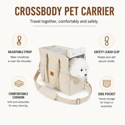 Beige crossbody pet carrier with adjustable strap, safety leash clip, removable cushion and side storage pocket.