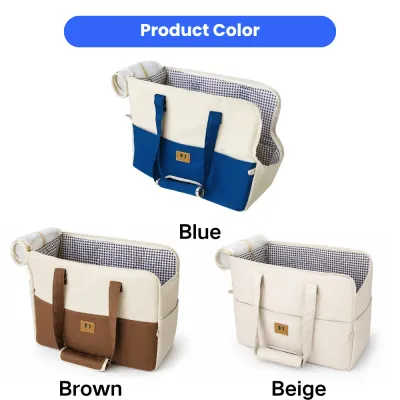 Crossbody pet carrier available in blue, brown and beige color options.