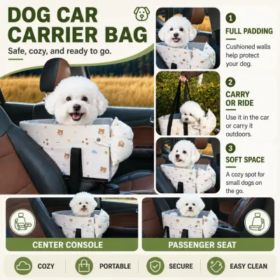 Portable Dog Car Carrier Bag for Travel Small white dog sitting in a padded dog car carrier bag on a vehicle center console and passenger seat