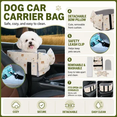 Washable Dog Car Carrier Bag with Safety Clip Dog car carrier bag featuring a detachable bow pillow, safety leash clip and removable washable padding