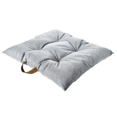 Portable Gray Padded Dog Mat Side View Portable light gray padded dog mat shown from the side with a brown carry handle