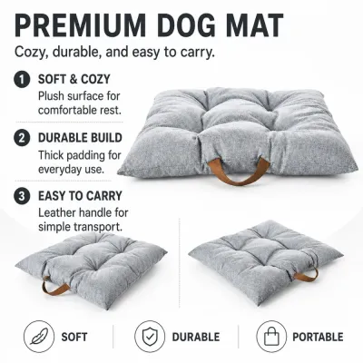 Portable Padded Dog Mat with Carry Handle Light gray padded dog mat with a soft surface, thick cushioning and brown carry handle