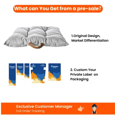 Dog Mat Pre-Sale and Private Label Options Gray dog mat pre-sale graphic highlighting original design, custom private label packaging, and order tracking service.