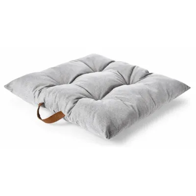 Portable Gray Dog Cushion Alternate View Portable gray dog cushion with deep tufting and a brown carry handle on a white background, alternate product view.