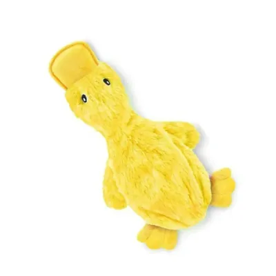 Side view of a yellow duck plush squeaky dog toy on a white background