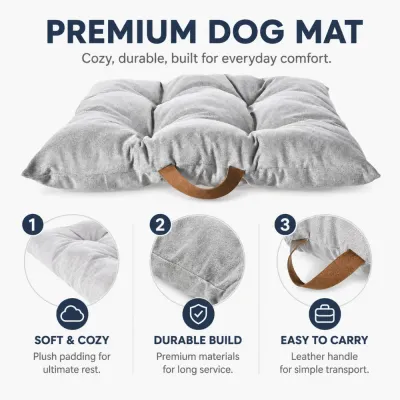 Premium Gray Portable Dog Mat Features Gray tufted dog mat with plush padding, durable fabric, and a brown carry handle shown in three feature close-ups.