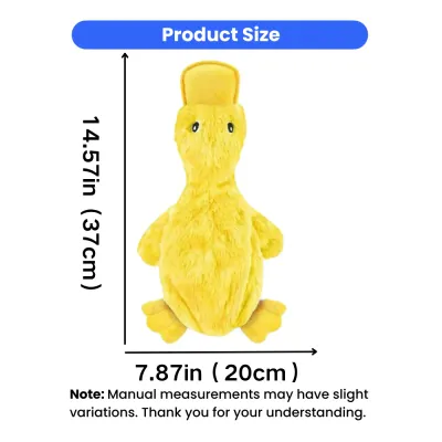 Yellow duck plush dog toy measuring 14.57 inches tall and 7.87 inches wide