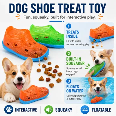 Dog shoe treat toy with treat dispensing holes built-in squeaker and floating design for interactive play