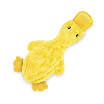 Angled view of a soft yellow duck dog toy with embroidered eyes on a white background